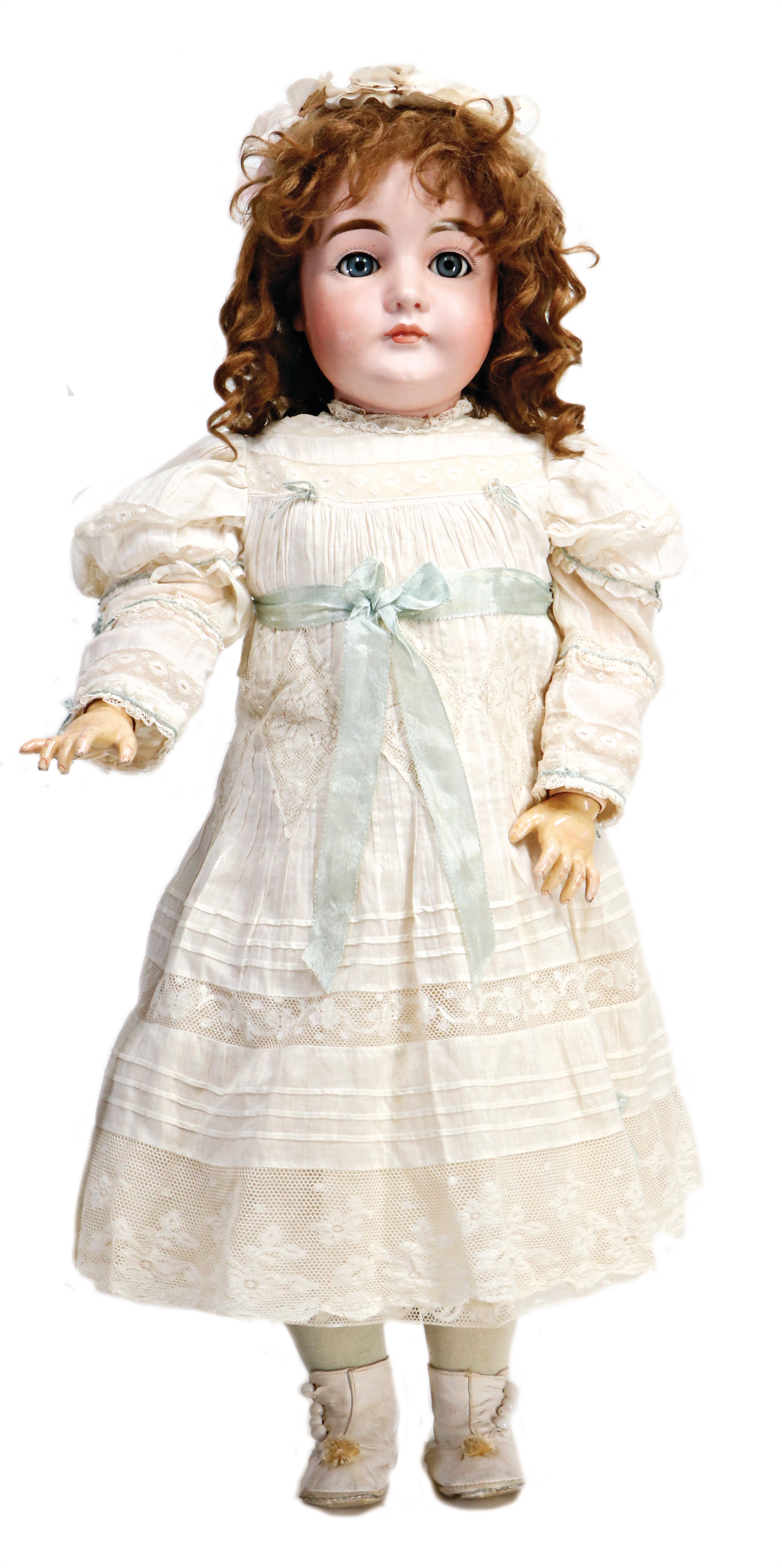 für Puppengröße 6-7 cm mit Haube beige 1 Mini-Tauf-Kleid 